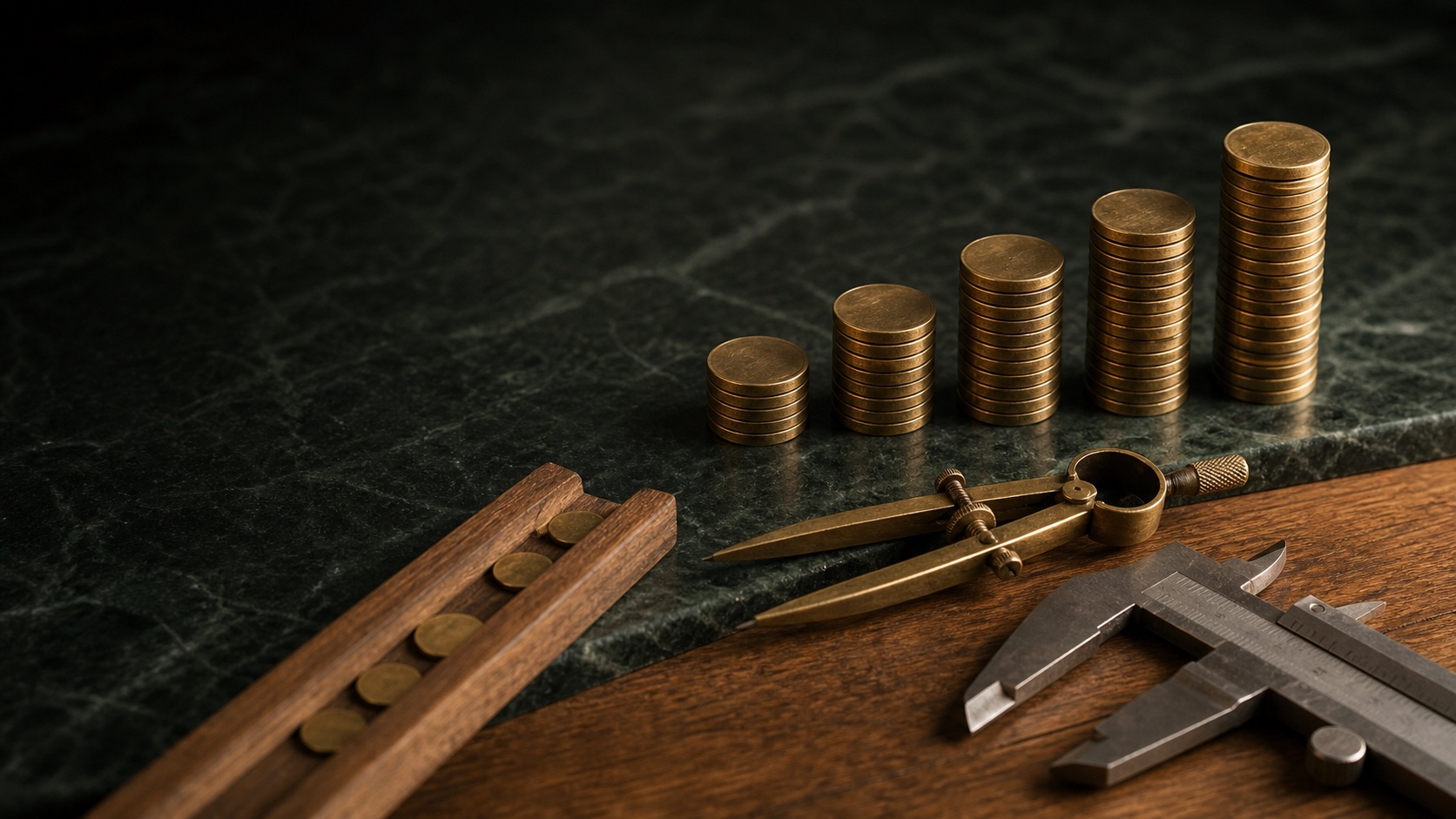 Precision tools beside steadily increasing stacks of coins