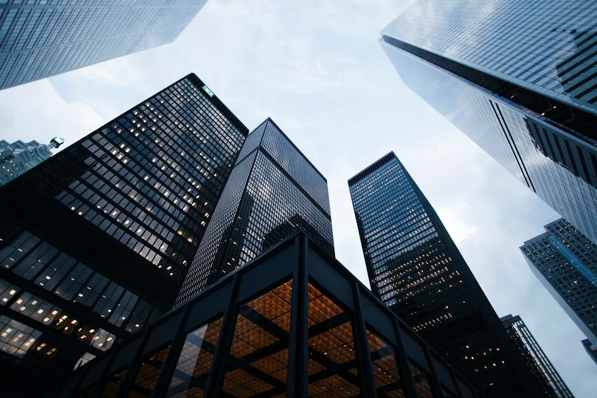Modern commercial buildings viewed from below